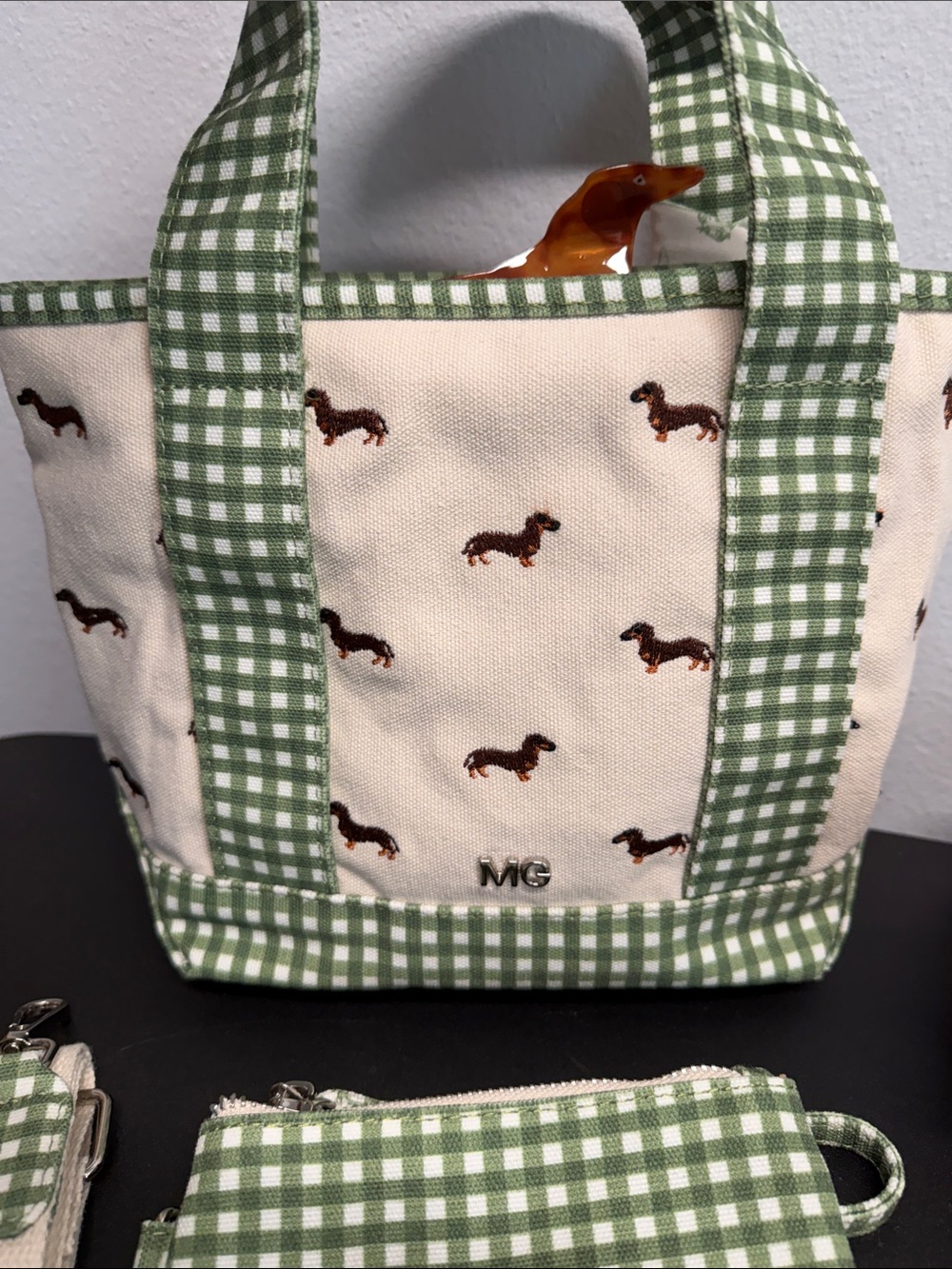 Madden Girl | Green Gingham Dachshund Canvas Tote | Wristlet, Bag Charms & More - Picture 9 of 15